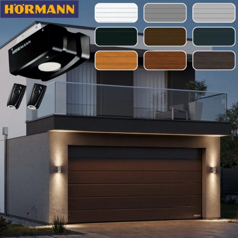 brama garażowa segmentowa Hormann 3000 x 2125 z napędem Renomatic w kolorze antracytowym na nowoczesnym domu jednorodzinnym z możliwością wyboru kolorystyki RAL i systemem bezpieczeństwa