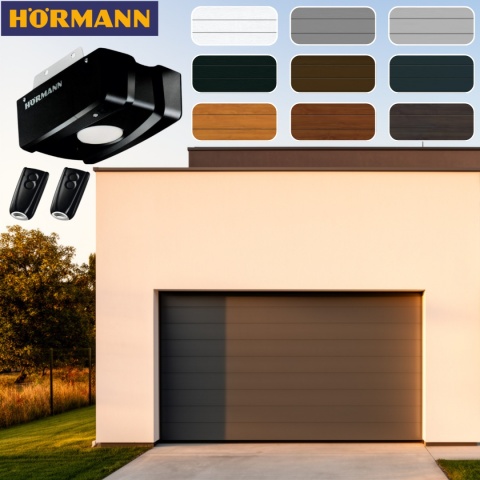 brama garażowa segmentowa Hormann 3000 x 2250 z napędem Renomatic w kolorze antracytowym na nowoczesnym domu jednorodzinnym z możliwością wyboru kolorystyki RAL i systemem bezpieczeństwa