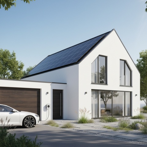 brama garażowa segmentowa Hormann 3000 x 2250 z napędem Renomatic na nowoczesnym domu z panelami słonecznymi zapewniająca izolację termiczną i estetyczne wykończenie elewacji