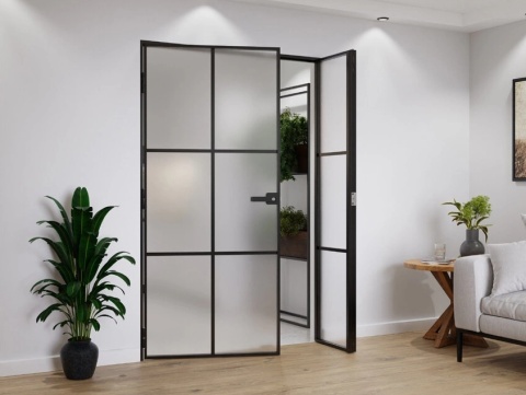 Drzwi Dwuskrzydłowe Industrial 6 pól Loft Aluminium Szyba Mleczna Satyna Różne Wymiary