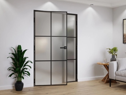 Drzwi Dwuskrzydłowe Industrial 6 pól Loft Aluminium Szyba Mleczna Satyna Różne Wymiary