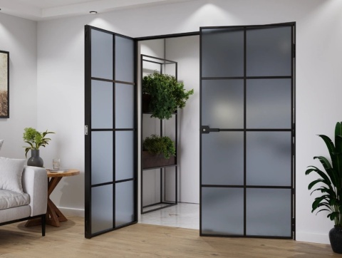 Drzwi Szklane Dwuskrzydłowe Lever Symetric 8 Pól Szyba Grafit Satyna Różne Wymiary