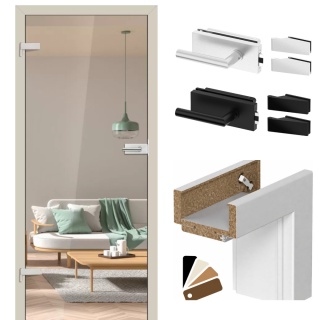 Drzwi Szklane Plato Tafla Szkło Przeźroczyste z Ościeżnicą Kolory Okucia Voster Konfiguracja