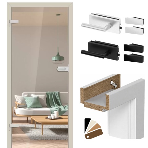 Drzwi Szklane Plato Tafla Szkło Przeźroczyste z Ościeżnicą Kolory Okucia Voster Konfiguracja