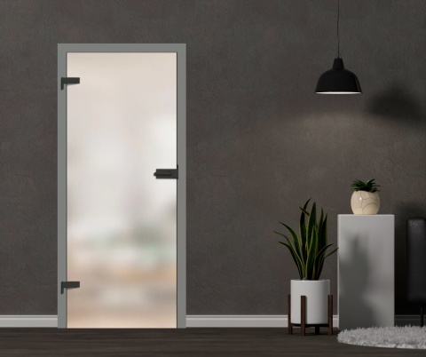 Drzwi Szklane Plato Tafla Szkło Mleczne Białe z Ościeżnicą Kolory Okucia Voster Konfiguracja