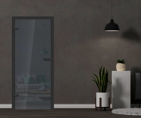 Drzwi Szklane Plato Tafla Szkło Grafitowe Czarne z Ościeżnicą Kolory Okucia Voster Konfiguracja