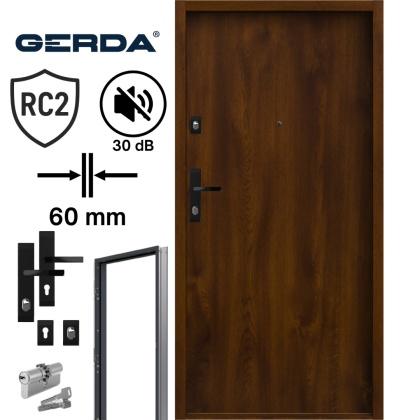 Drzwi Wejściowe GERDA Comfort Pełne Stalowe do mieszkań RC2 LEWE Jasny Orzech
