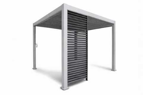 panel żaluzjowy stalowy 93 cm do pergoli tarasowej MIRADOR z widoczną konstrukcją aluminiową i regulowanymi listwami zapewniający ochronę przeciwsłoneczną i estetyczne wykończenie tarasu