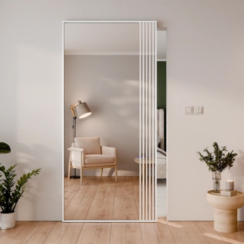 Drzwi Aluminiowe Białe Przesuwne z Ukrytym Systemem Przesuwnym LUSTRO LAMELE MODI 2