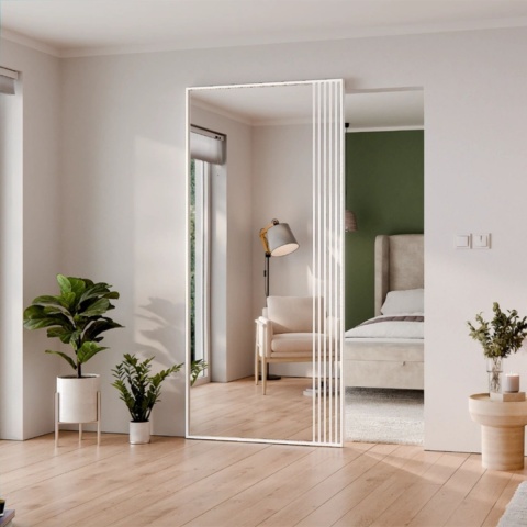 Drzwi Aluminiowe Białe Przesuwne z Ukrytym Systemem Przesuwnym LUSTRO LAMELE MODI 2