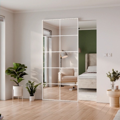 Drzwi Aluminiowe Białe Przesuwne z Ukrytym Systemem Przesuwnym LUSTRO 10 PÓL MODI 2