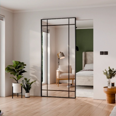 Drzwi Aluminiowe Czarne Przesuwne z Ukrytym Systemem Przesuwnym LUSTRO 9 PÓL MODI 2