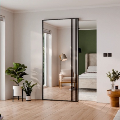 Drzwi Aluminiowe Czarne Przesuwne z Ukrytym Systemem Przesuwnym LUSTRO LAMELE MODI 2