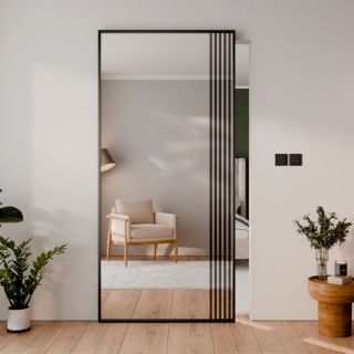 Drzwi Aluminiowe Czarne Przesuwne z Ukrytym Systemem Przesuwnym LUSTRO LAMELE MODI 2