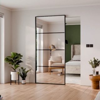 Drzwi Aluminiowe Czarne Przesuwne z Ukrytym Systemem Przesuwnym LUSTRO 4 POLA MODI 2