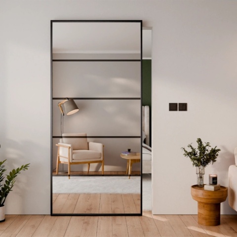 Drzwi Aluminiowe Czarne Przesuwne z Ukrytym Systemem Przesuwnym LUSTRO 5 PÓL MODI 2