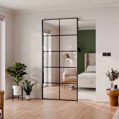 Drzwi Aluminiowe Czarne Przesuwne z Ukrytym Systemem Przesuwnym LUSTRO 10 PÓL MODI 2