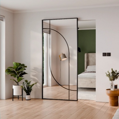 Drzwi Aluminiowe Czarne Przesuwne z Ukrytym Systemem Przesuwnym LUSTRO ŁUK 4 MODI 2