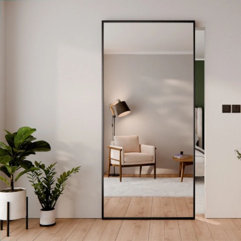 Drzwi Aluminiowe Przesuwne MODI 2 LUSTRO Czarna Rama z Ukrytym Systemem Przesuwnym