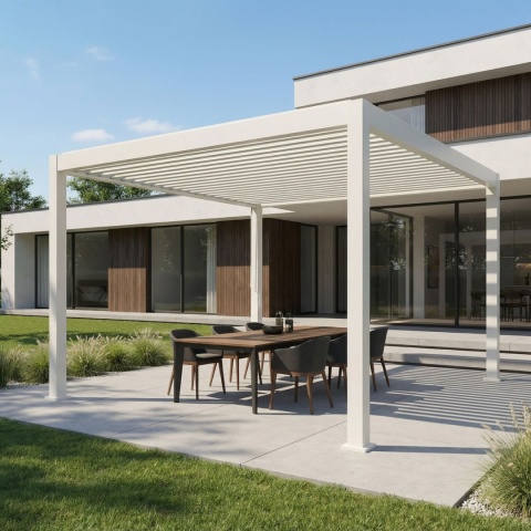 Pergola tarasowa aluminiowa Deluxe 111 3x3m biała wolnostojąca Full-Alu przy nowoczesnym domu z meblami tarasowymi