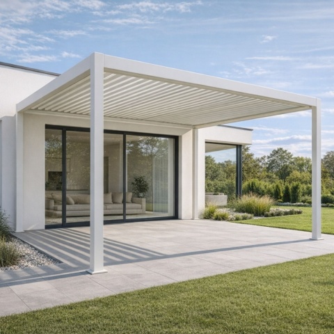 Pergola tarasowa aluminiowa Deluxe 111 3x3m biała wolnostojąca Full-Alu na tarasie domu z zestawem mebli