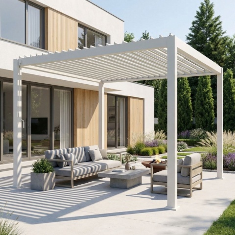 Pergola tarasowa aluminiowa Deluxe 111 3x3 szara wolnostojąca Full-Alu przy nowoczesnym domu z meblami ogrodowymi