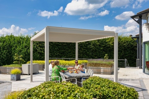 Szara pergola aluminiowa Deluxe 111 3x3 wolnostojąca Full-Alu z regulowanymi lamelami – meble ogrodowe