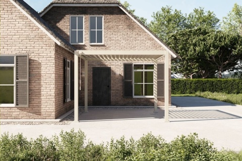 Pergola tarasowa szara Deluxe 111 3×3 m aluminiowa Full-Alu przy domu z basenem i strefą relaksu