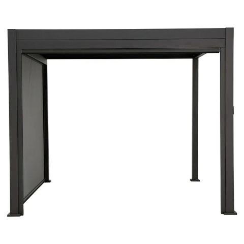 Antracytowa pergola tarasowa Mirador ze zwiniętą roletą przeciwsłoneczną o szerokości 4m