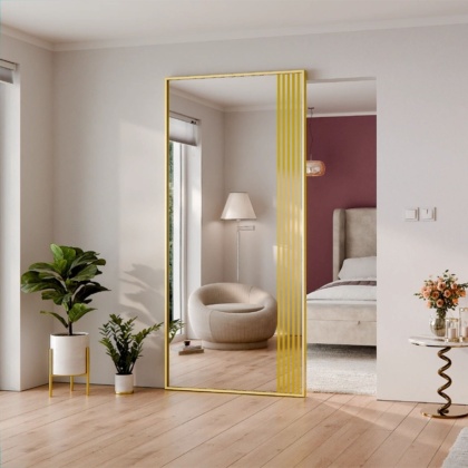 Drzwi Aluminiowe Złote Przesuwne z Ukrytym Systemem Przesuwnym LUSTRO LAMELE MODI 2