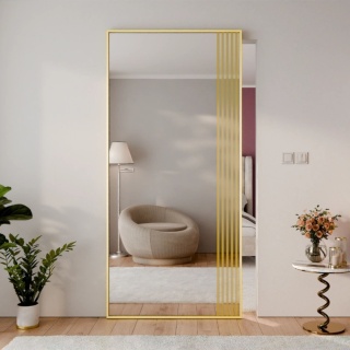 Drzwi Aluminiowe Złote Przesuwne z Ukrytym Systemem Przesuwnym LUSTRO LAMELE MODI 2