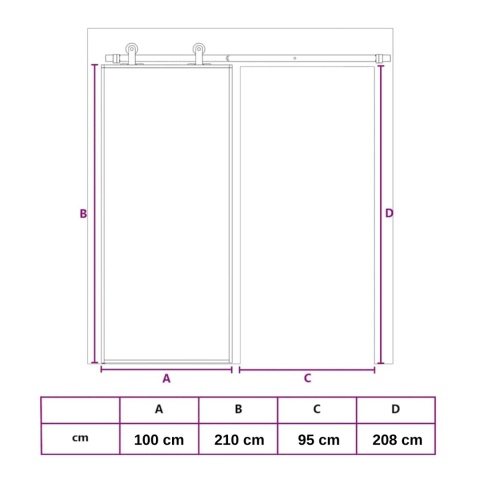 Wymiary montażowe drzwi przesuwnych THARO 100x210 plan