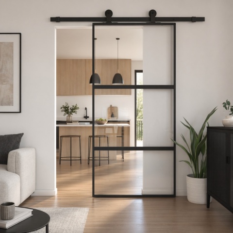 Drzwi przesuwne szklane THARO Loft Slim czarne 95x210 cm wnętrze