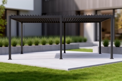 Pergola ogrodowa 3x6 m antracyt na nowoczesnym tarasie – widok z boku.