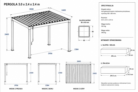 Pergola wolnostojąca tarasowa MIRADOR Solid 80 - 3 x 2,4 m Antracyt | PRZEDSPRZEDAŻ |