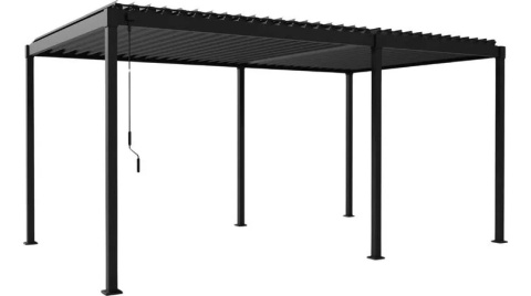 całoroczna pergola ogrodowa MIRADOR Solid 80 3 x 5 m antracyt z systemem ogrzewania i osłonami bocznymi w zielonym ogrodzie zapewniająca komfort użytkowania przez cały rok