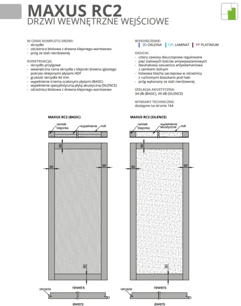 Drzwi Antywłamaniowe RC2 do Mieszkań MAXUS z Ościeżnicą Kolory Komplet 80/90/100