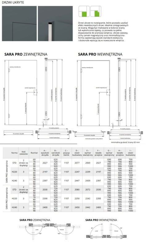 Drzwi Ukryte Sara Pro H240 z ośćieżnicą niewidoczną | Wysokość 240cm | Kolory