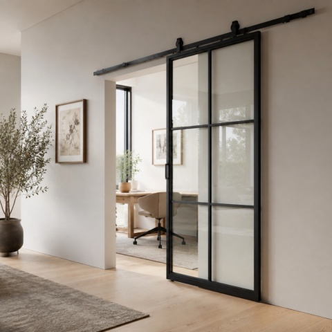 LOFT GLASS SLIDING DOOR 95x210 CM BLACK ALUMINIUM BARN DOOR SYSTEM