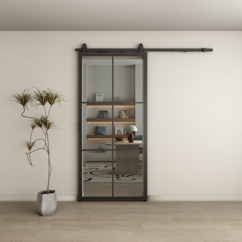 LOFT GLASS SLIDING DOOR 95x210 CM BLACK ALUMINIUM BARN DOOR SYSTEM