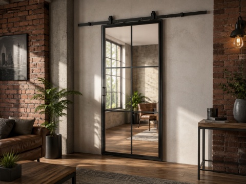 LOFT GLASS SLIDING DOOR 95x210 CM BLACK ALUMINIUM BARN DOOR SYSTEM
