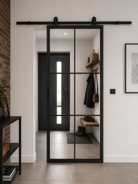 LOFT GLASS SLIDING DOOR 95x210 CM BLACK ALUMINIUM BARN DOOR SYSTEM