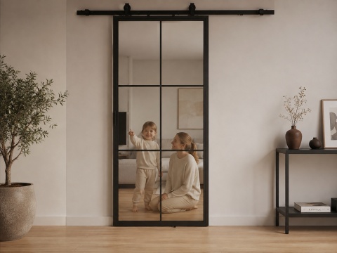 LOFT GLASS SLIDING DOOR 95x210 CM BLACK ALUMINIUM BARN DOOR SYSTEM