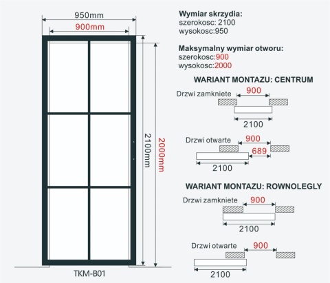 LOFT GLASS SLIDING DOOR 95x210 CM BLACK ALUMINIUM BARN DOOR SYSTEM