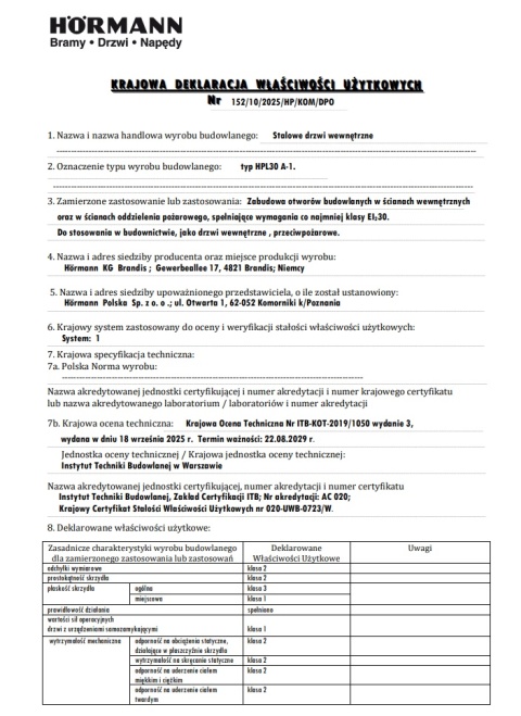 Drzwi Przeciwpożarowe 100cm EI30 Stalowe Hörmann Antracyt RAL7016 1000x2000