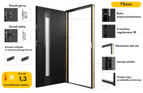 Drzwi Zewnętrzne Mars 07 Antracyt 80/90/100cm 72mm | Czyste Powietrze | Ciepłe Ud = 1,3
